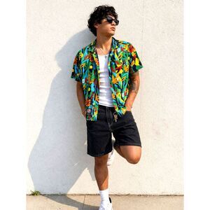 Cookies Men's Large Tropical Weed Leaf Button Up Shirt Multicolor Cotton